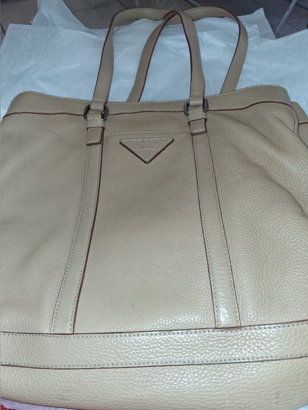 Prada Neutral Beige Pebbled Leather Tote